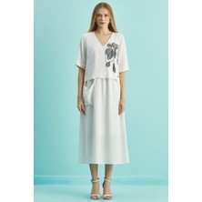 Guitar V Yaka Beyaz Keten Elbise