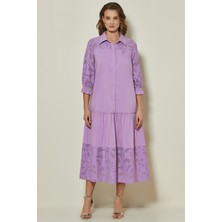 Guitar Gömlek Yaka Lila Poplin Elbise