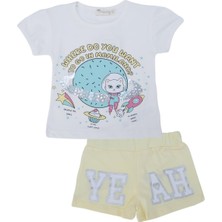 Bebelop Kız Çocuk Kedi Baskılı Yazılı Kısa Kol Şortlu 2'li Alt Üst Takım