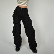 Abra Kadın Baggy Kargo Siyah Kot Pantolon