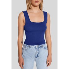 Tenda Moda Kadın Saks Kare Yaka Triko Atlet