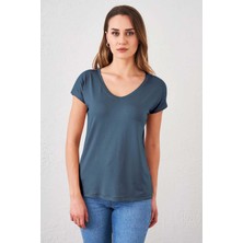 Tena Kadın Lacivert V Yaka Geniş Salaş Tişört