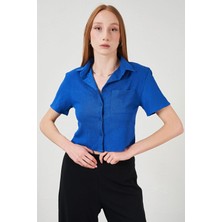 Tena Kadın Saks Bürümcük Tek Cep Crop Gömlek