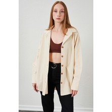 Tena Kadın Naturel Oversize Basic Balık Sırtı Gabardin Gömlek