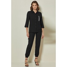 Guitar Paçası Lastikli Siyah Dokuma Pantolon