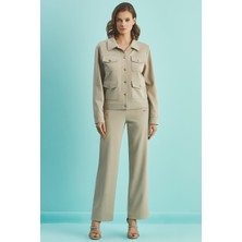 Guitar Geniş Paça Bej Örme Pantolon