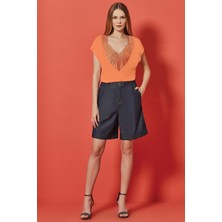 Guitar Geniş Paça Mavi Jean Bermuda