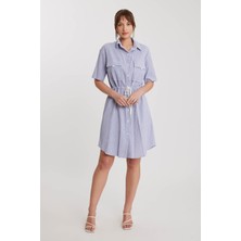 Vitrin Belden Büzmeli Kısa Kol Çizgili Elbise