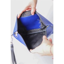 Jack Tonio Kadın Vegan Deri Clutch Fermuarlı Mavi Baskılı Omuz Çantası