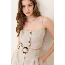 ROMAN Düğme Detaylı İnce Askılı Crop Keten Büstiyer Naturel Y2414006_069