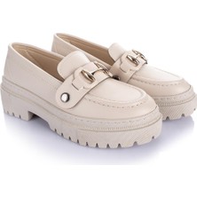 Getcho Edam Çift Tokalı Kadın Bej Loafer Ayakkabı