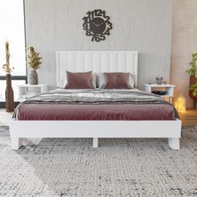 Renazzo Hüma Model Beyaz Renk Çam Ahşap Karyola ve Iki Komodin Set ( Dikey )