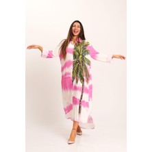 Keyifli Moda Kadın Pembe Tropik Desenli Kolları Apoletli Cepli Uzun Gömlek Elbise
