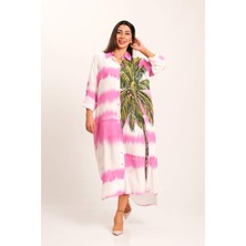 Keyifli Moda Kadın Pembe Tropik Desenli Kolları Apoletli Cepli Uzun Gömlek Elbise