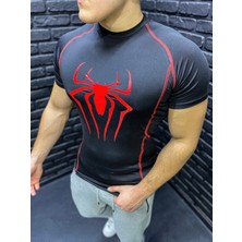 Yhm Compression Tshirt Fit Spor Kısa Kollu Vücuda Yapışan Kırmızı Spiderman Baskılı Çizgili Siyah T-Shirt