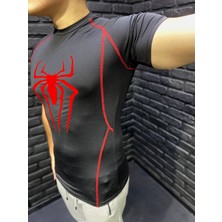 Yhm Compression Tshirt Fit Spor Kısa Kollu Vücuda Yapışan Kırmızı Spiderman Baskılı Çizgili Siyah T-Shirt