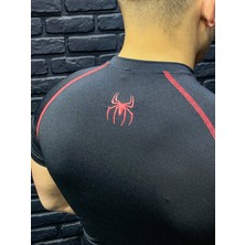 Yhm Compression Tshirt Fit Spor Kısa Kollu Vücuda Yapışan Kırmızı Spiderman Baskılı Çizgili Siyah T-Shirt