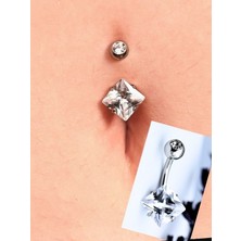 Tükkan Accessories Çift Zirkon Taş Kare Detay Göbek Piercing 316L Cerrahi ÇELİK-GBKPR74