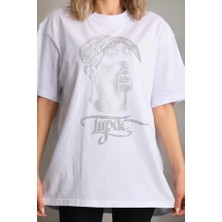 Drgy Unisex Taş Desenli Oversize T-Shirt - Beyaz