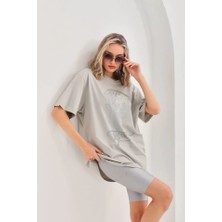 Drgy Unisex Taş Desenli Oversize T-Shirt - Gri