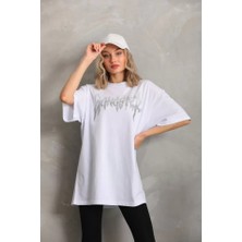 Drgy Unisex Taş Desenli Oversize T-Shirt - Beyaz