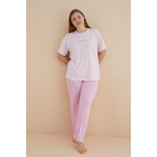 Bie's Kadın Çizgili Bisiklet Yaka Curve Büyük Düşük Oversize Omuz Kısa Kol Yazlık Pijama Takımı