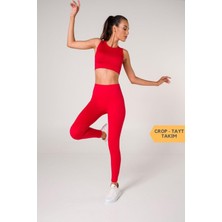 Noxx Toparlayıcı Dikişsiz Tayt-Crop Top Fitilli Büstiyer Tayt Crop Top Takım Kırmızı