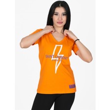 Nurneva Yıldırım Baskılı V Yaka Tshirt Oranj