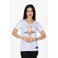 Nurneva Yıldırım Baskılı V Yaka Tshirt Beyaz