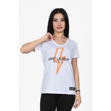 Nurneva Yıldırım Baskılı V Yaka Tshirt Beyaz