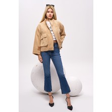 Olafre Kolu Kemerli Çizgili Desen Bomber Kaban, Mont, Çift Cepli Oversize Ceket,