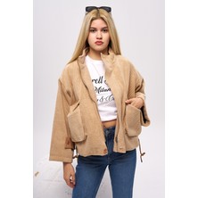 Olafre Kolu Kemerli Çizgili Desen Bomber Kaban, Mont, Çift Cepli Oversize Ceket,