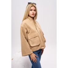 Olafre Kolu Kemerli Çizgili Desen Bomber Kaban, Mont, Çift Cepli Oversize Ceket,
