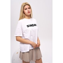 olafre Sunday Yazılı Baskılı Kısa Kol T-Shirt, Pamuklu Tişört, Basic, Rahat, Spor,