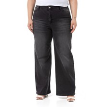 Disentis Modest Büyük Beden Yüksek Bel Geniş Paça Antrasit Denim Pantolon