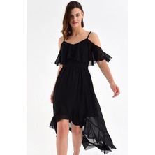 Laranor Ayarlanabilir Askılı Yaka ve Etek Ucu Volanlı Asimetrik Şifon Elbise 40 - Siyah