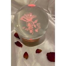 Rahan 3D LED Işık Cam Küre Çok Işıklı Ahşap Gül I Love You Büyük Boy 10 cm