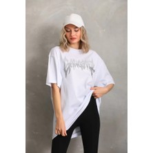 Stock Mount Unisex Taş Desenli Oversize T-Shirt - Beyaz
