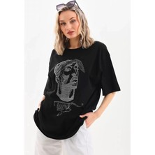Stock Mount Unisex Taş Desenli Oversize T-Shirt - Siyah
