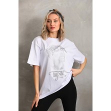 Stock Mount Unisex Taş Desenli Oversize T-Shirt - Beyaz
