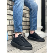 BOA BA0332 Merdiven Desen Bağcıklı Erkek Yüksek Taban Siyah Cilt Siyah Taban Spor Ayakkabı