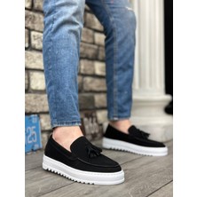 BOA BA0154 Bağcıksız Yüksek Taban Süet Siyah Renk Beyaz Taban Püsküllü Erkek Ayakkabı