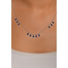 Roza Silver Safir Taşlı Rodyum Üç Sıra Shakira Damla Gümüş Kolye