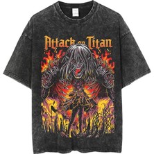 Touz Moda Yıkamalı Anime Attack On Titan Baskılı Oversize Vintage T-Shirt