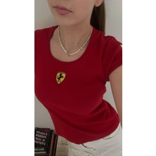 Touz Moda Baskılı Kırmızı Crop Bluz