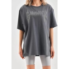 Passense Unisex Taş Desenli Oversize T-Shirt - Füme