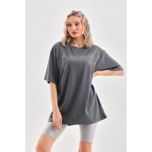 Passense Unisex Taş Desenli Oversize T-Shirt - Füme