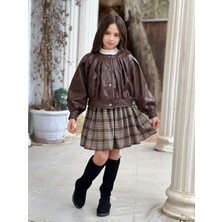 Miniğimin Cicileri Ekose Etekli Deri Ceketli Kız Çocuk 3'lü Takım - Kahverengi