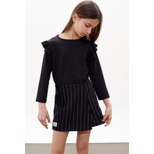 Cansın Mini Siyah Çizgili Şort Etekli Volanlı Badili Kız Çocuk Takım 18271