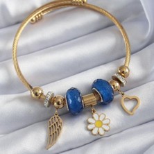 Hediye Vakti Çelik Gold Renk Mavi Kristal Taşlı Papatya Figür Zirkon Taş Detay Charm Model Kadın Bileklik